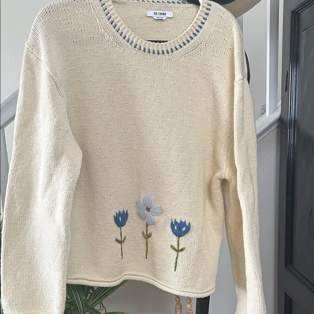 Re/Done Cream Sweater with Blue Floral Design